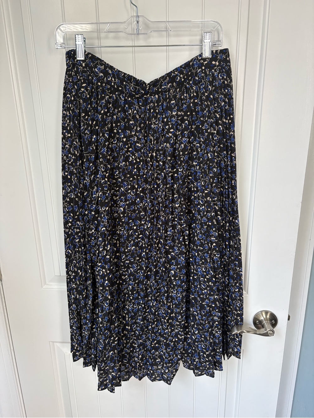 J Crew Black Pleated Floral Midi Skirt with Blue Accents